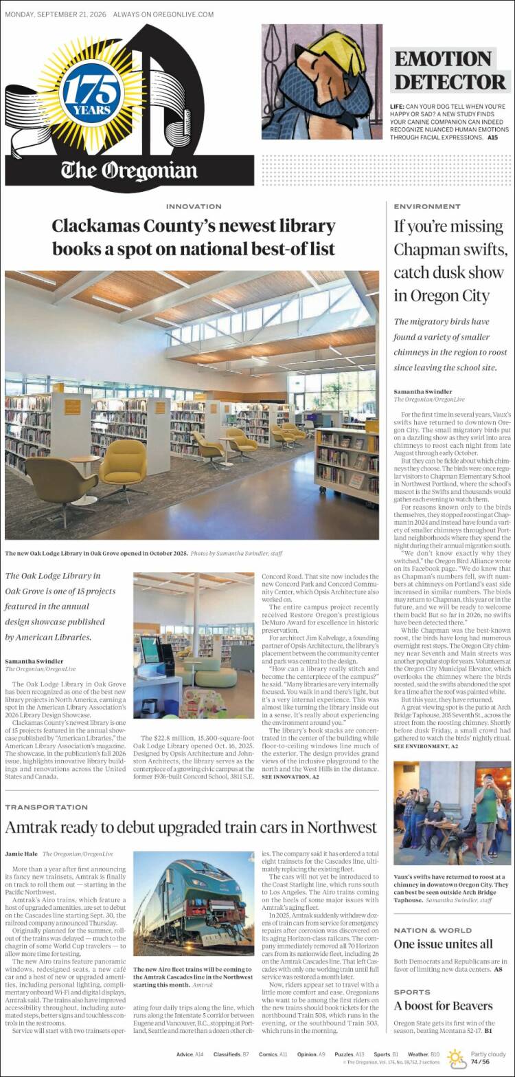 Portada de The Oregonian (USA)