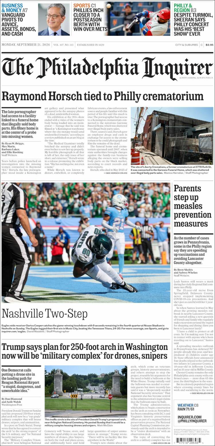 Portada de Philadelphia Inquirer (USA)