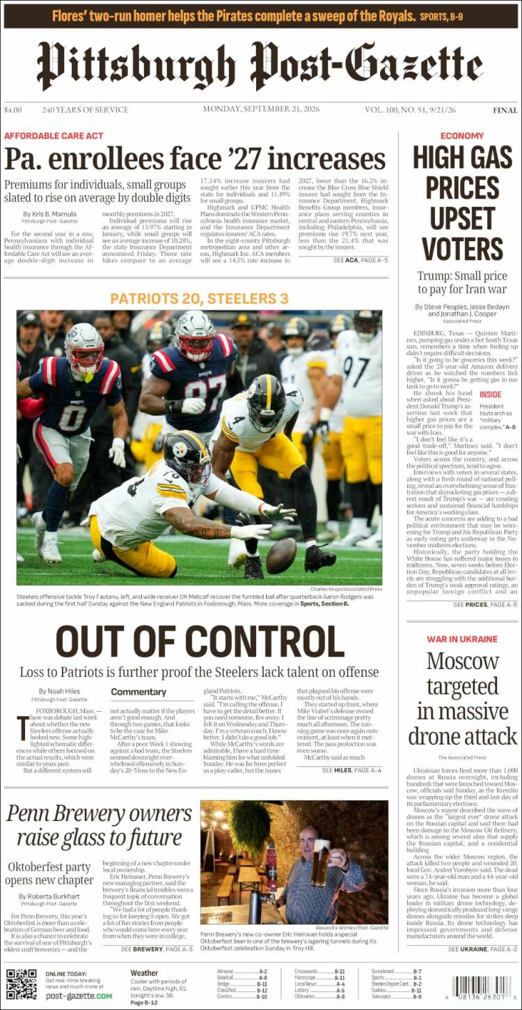 Portada de Pittsburgh Post-Gazette (USA)