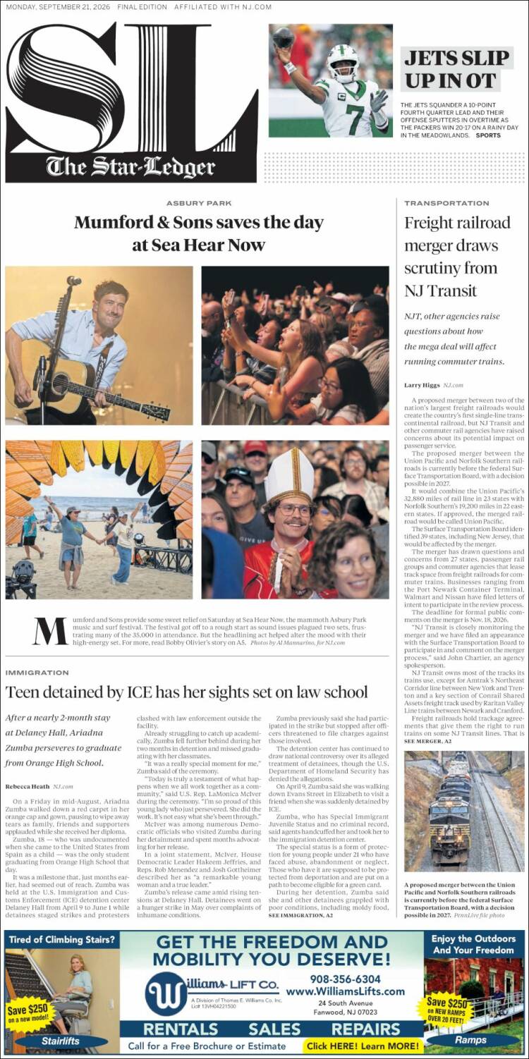 Portada de Star-Ledger (USA)