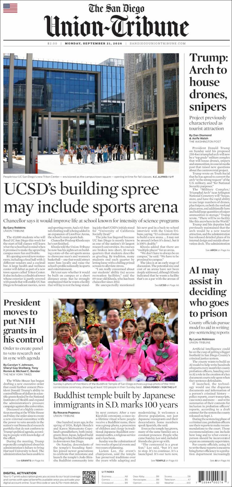 Portada de The San Diego Union-Tribune (USA)