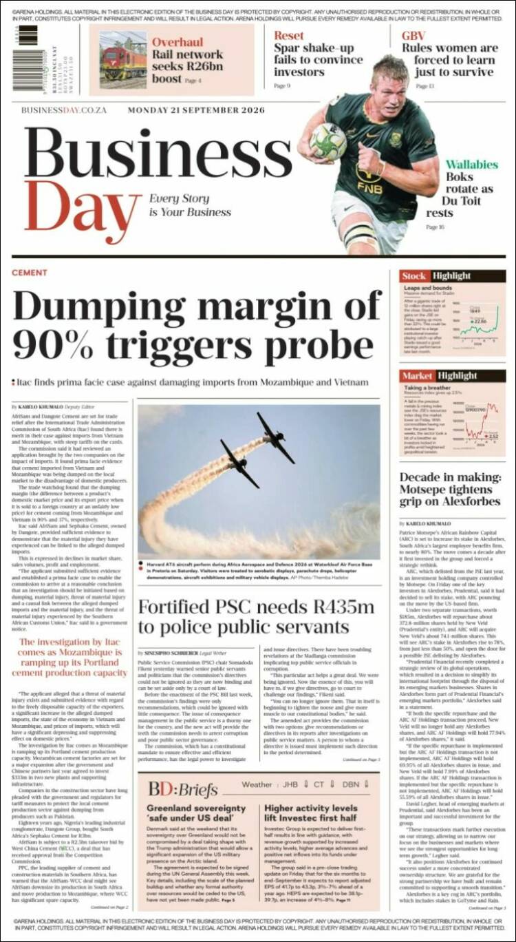 Portada de Business Day (Sud&aacute;frica)