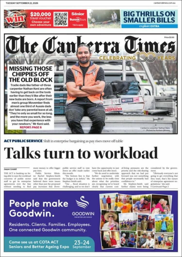 Portada de The Canberra Times (Australia)