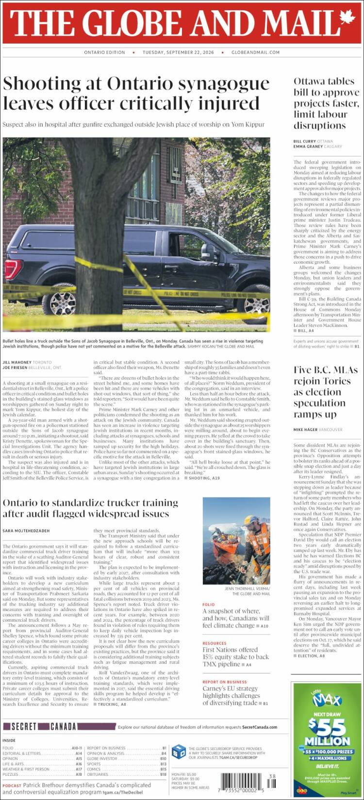 Portada de The Globe and Mail (Canad&aacute;)