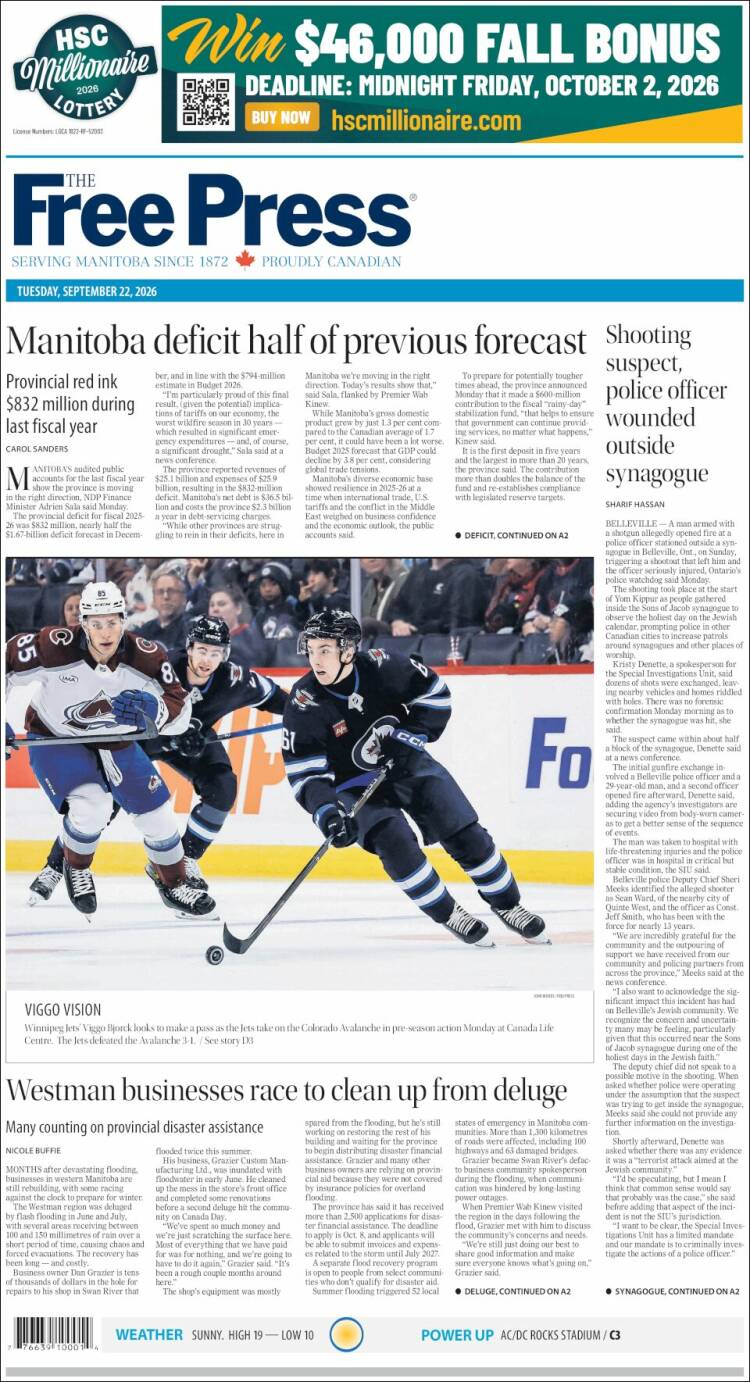 Portada de Winnipeg Free Press (Canad&aacute;)
