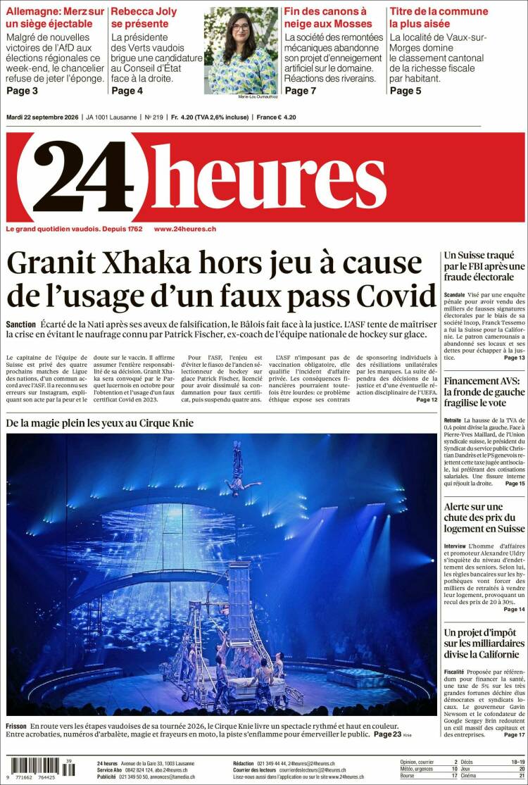 Portada de 24 Heures (Suiza)