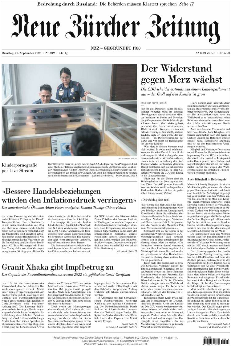 Portada de Neue Zürcher Zeitung (Suiza)