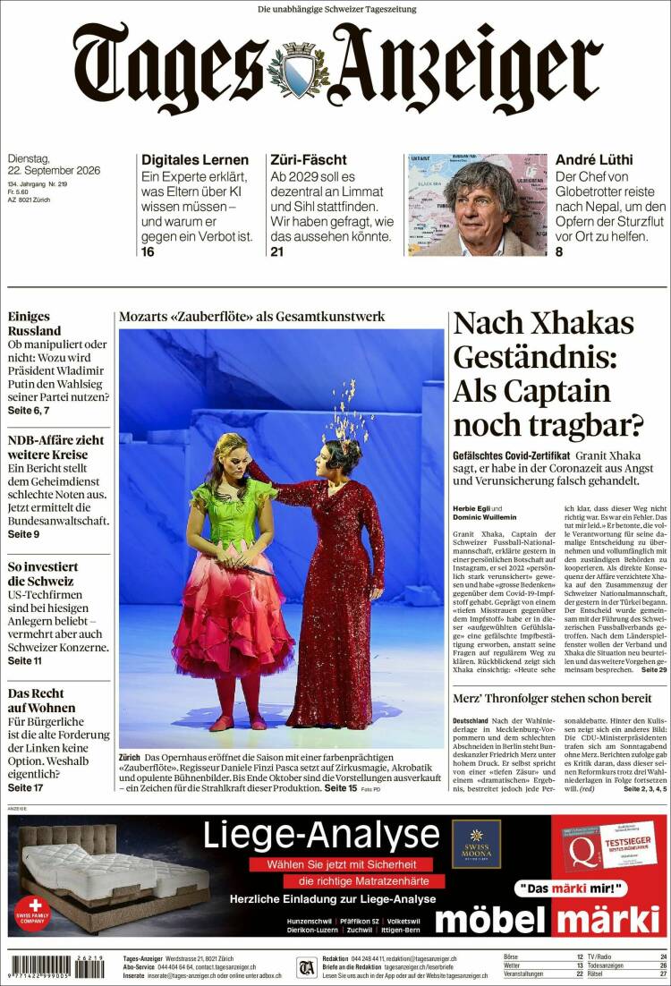 Portada de Tages-Anzeiger (Suiza)