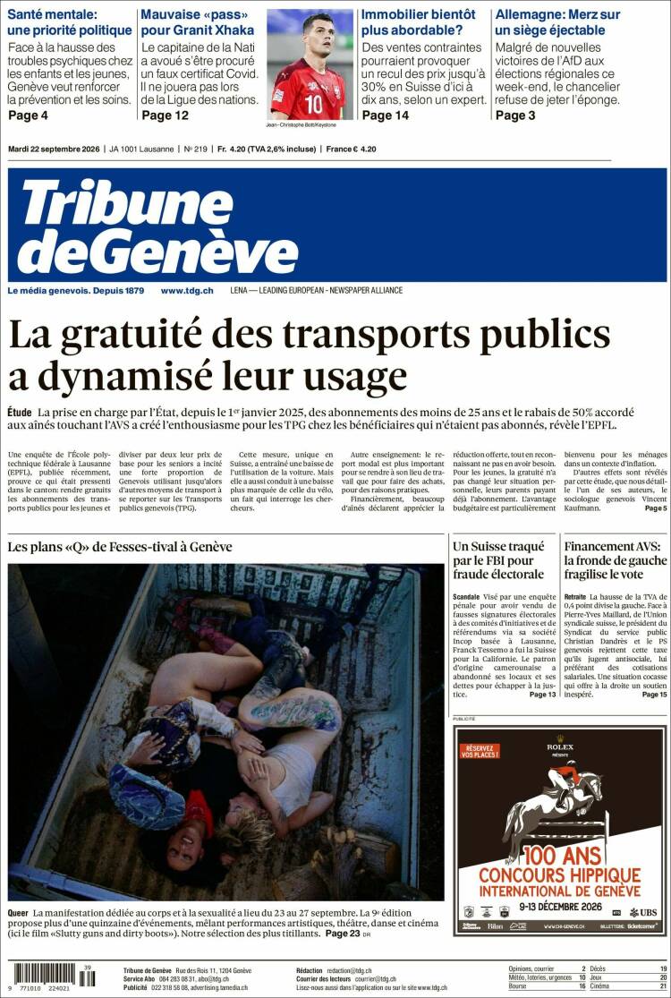 Portada de La Tribune de Genève (Suiza)