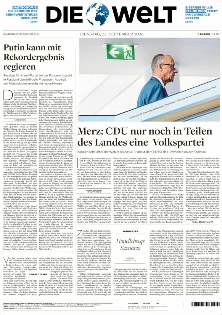 Portada de Die Welt (Alemania)