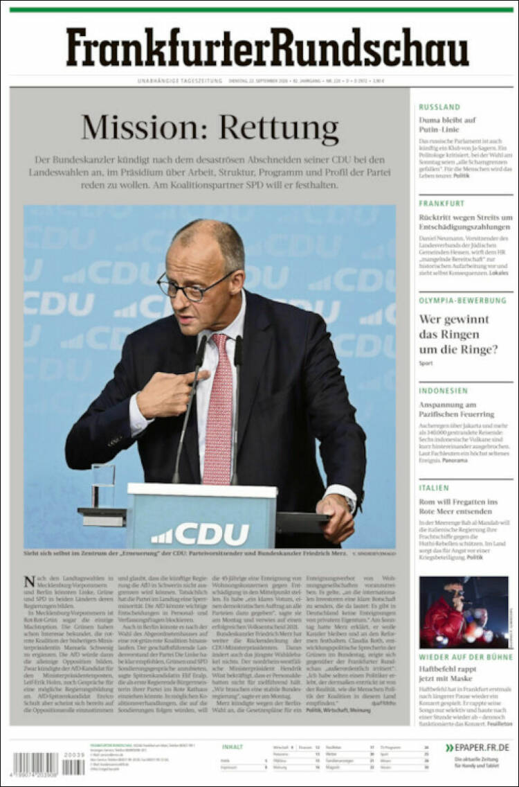 Portada de Frankfurter Rundschau (Alemania)