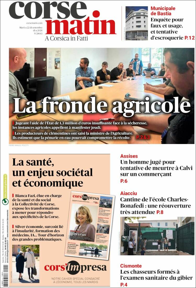 Portada de Corse-Matin (Francia)