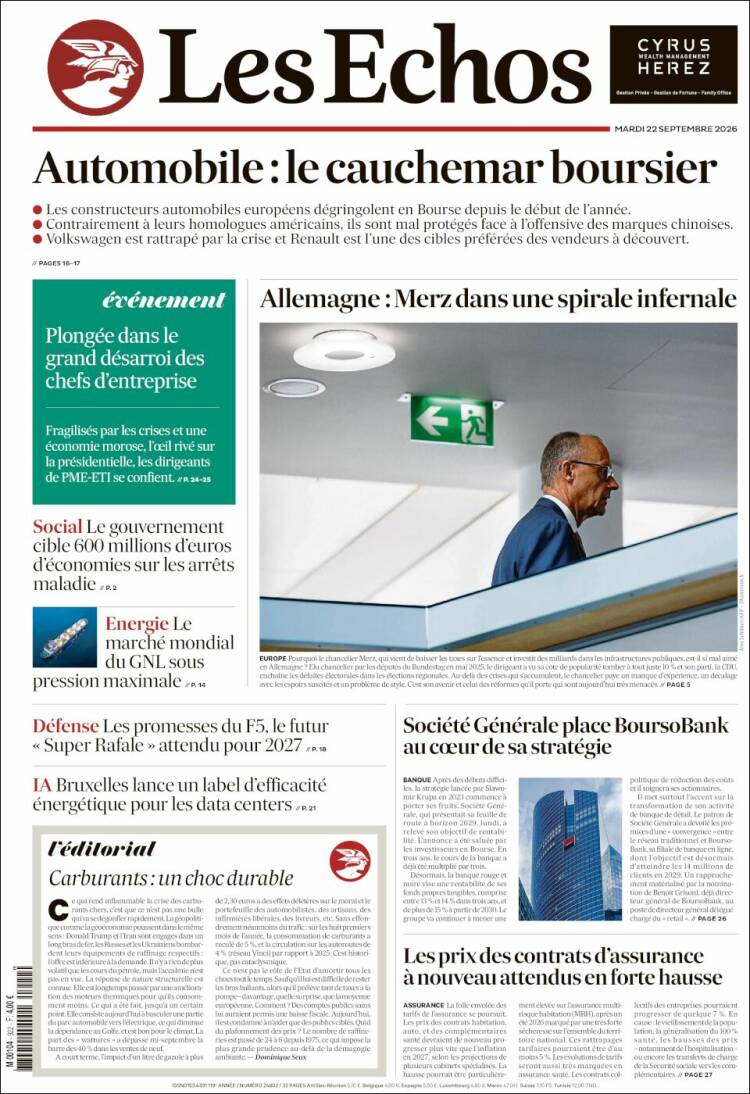Portada de Les Echos (Francia)