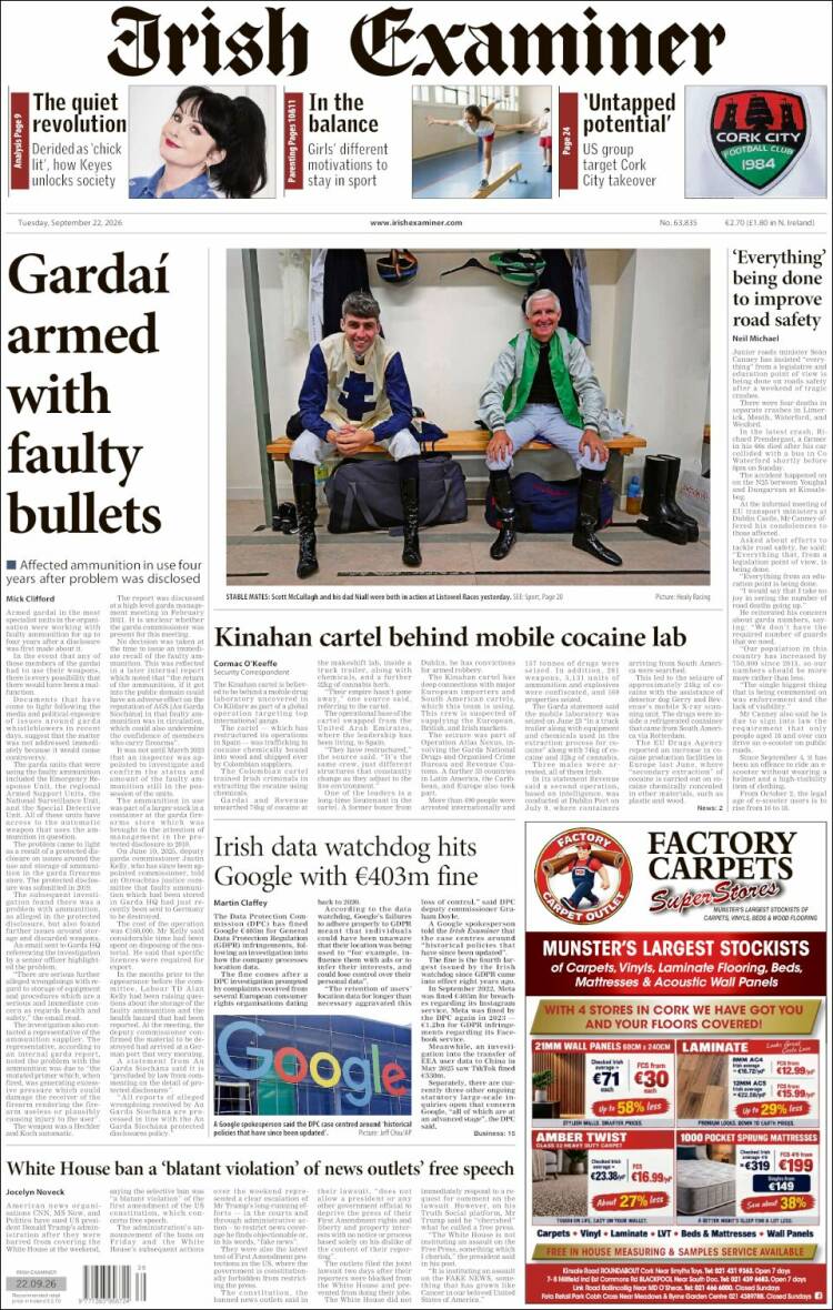 Portada de Irish Examiner (Irlanda)