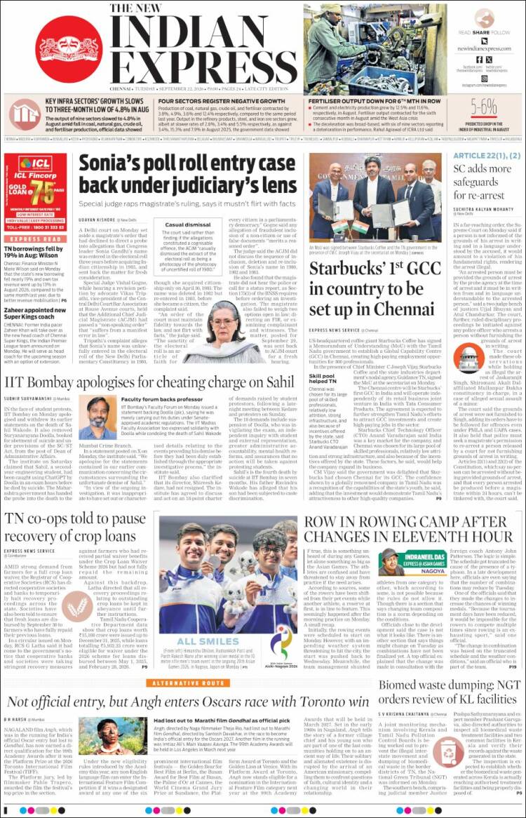 Portada de New Indian Express (India)