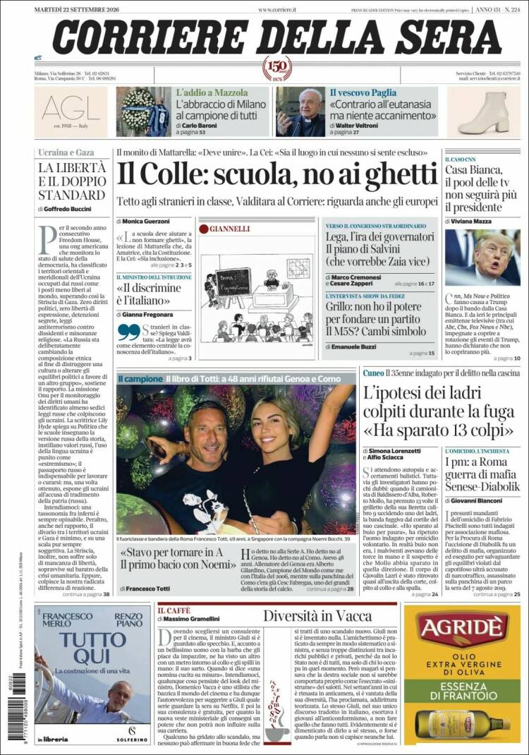 Portada de Corriere della Sera (Italia)