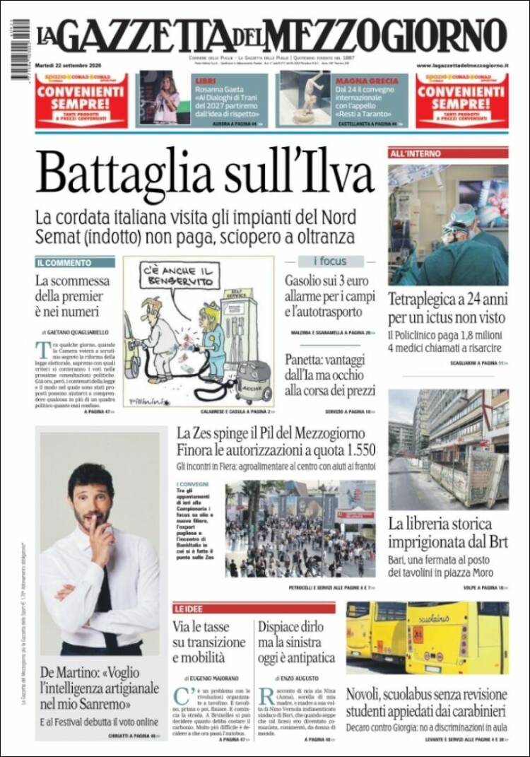 Portada de La Gazzetta del Mezzogiorno (Italia)