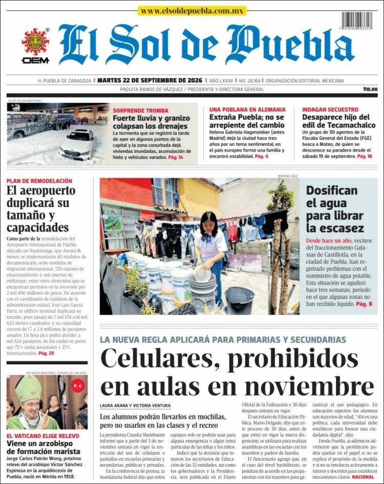 Portada de El Sol de Puebla (M&eacute;xico)
