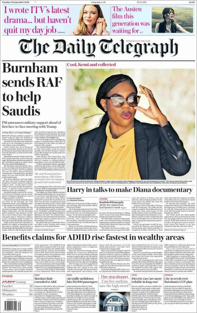 Portada de Daily Telegraph (Reino Unido)
