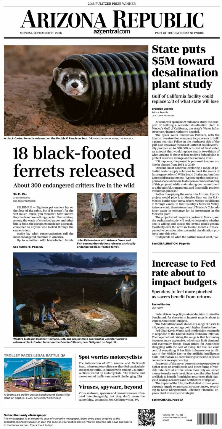Portada de Arizona Republic News (USA)