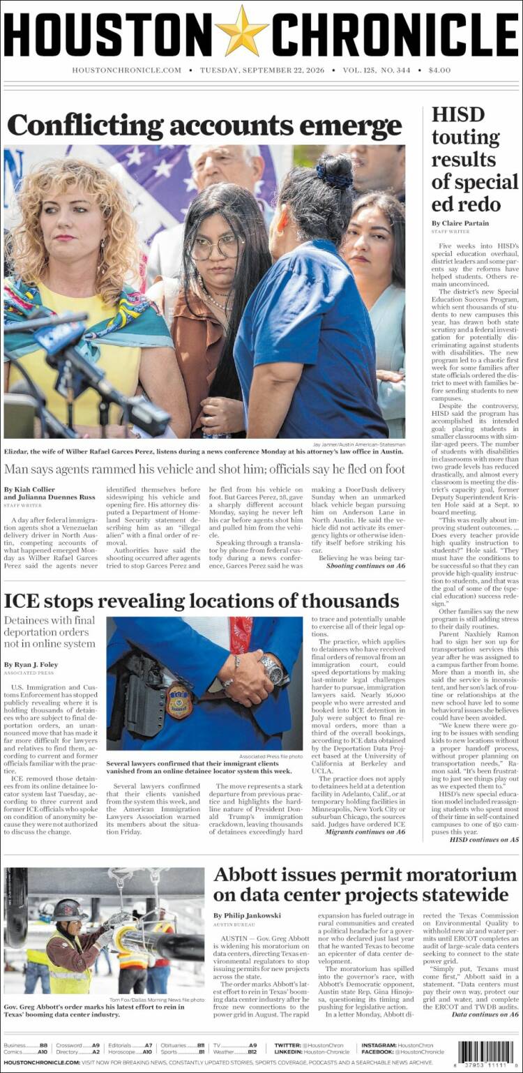 Portada de Houston Chronicle (USA)