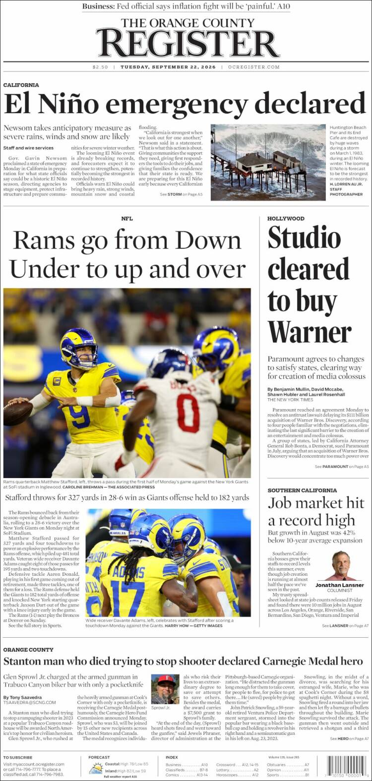 Portada de The Orange County Register (USA)
