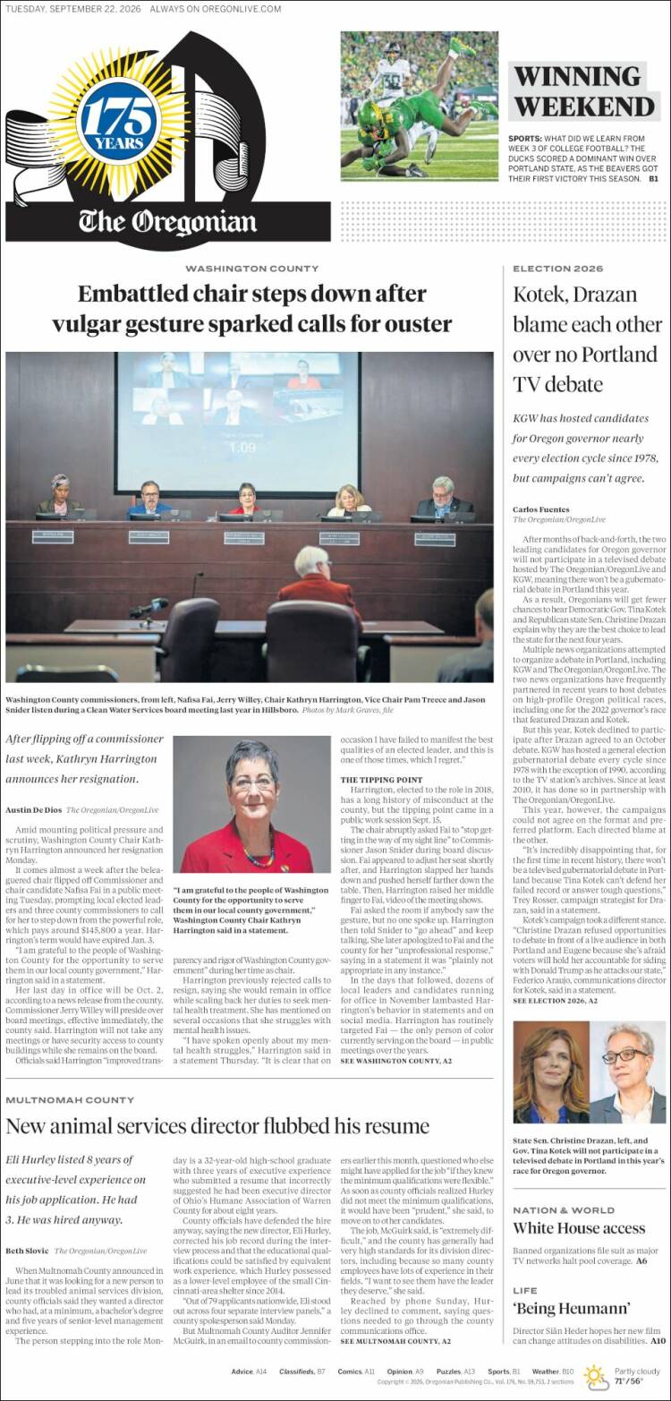Portada de The Oregonian (USA)