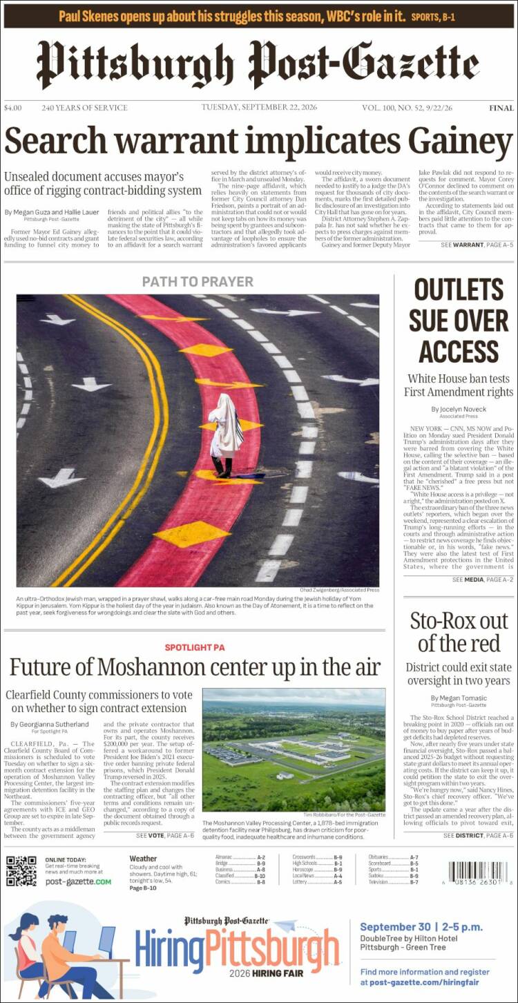 Portada de Pittsburgh Post-Gazette (USA)