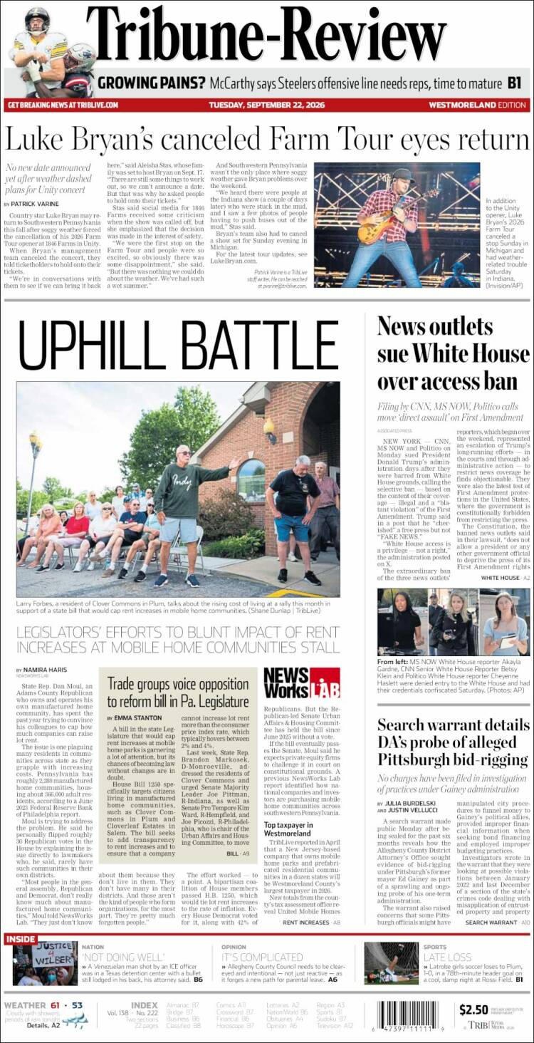Portada de Tribune-Review (USA)