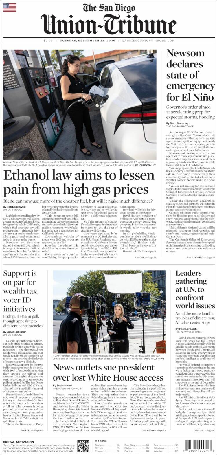 Portada de The San Diego Union-Tribune (USA)