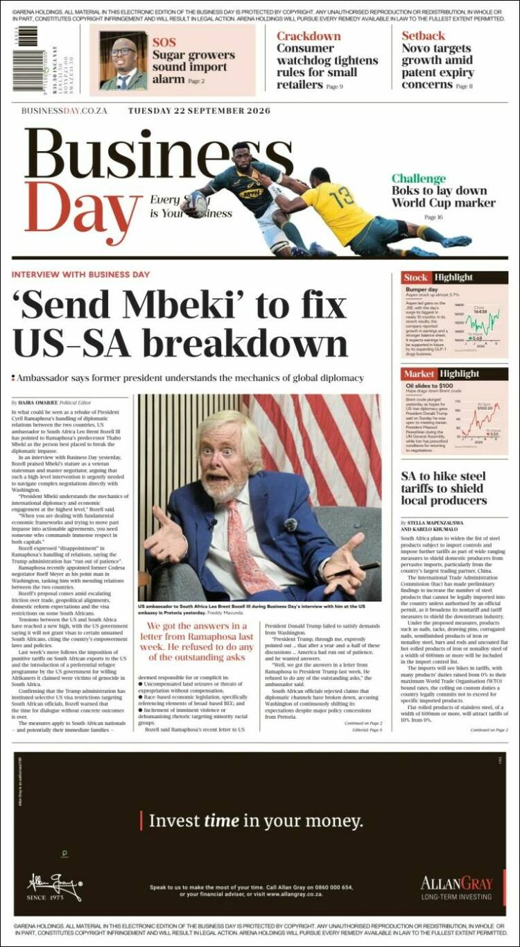 Portada de Business Day (Sud&aacute;frica)