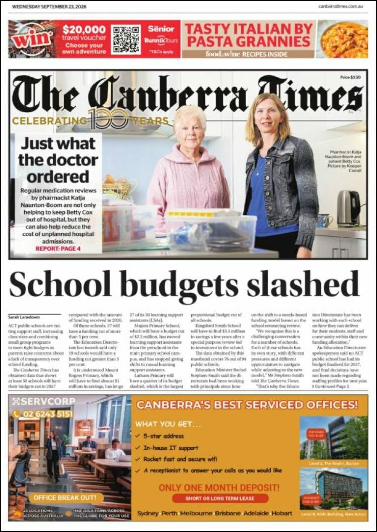 Portada de The Canberra Times (Australia)