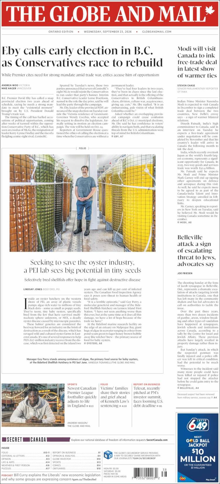 Portada de The Globe and Mail (Canad&aacute;)