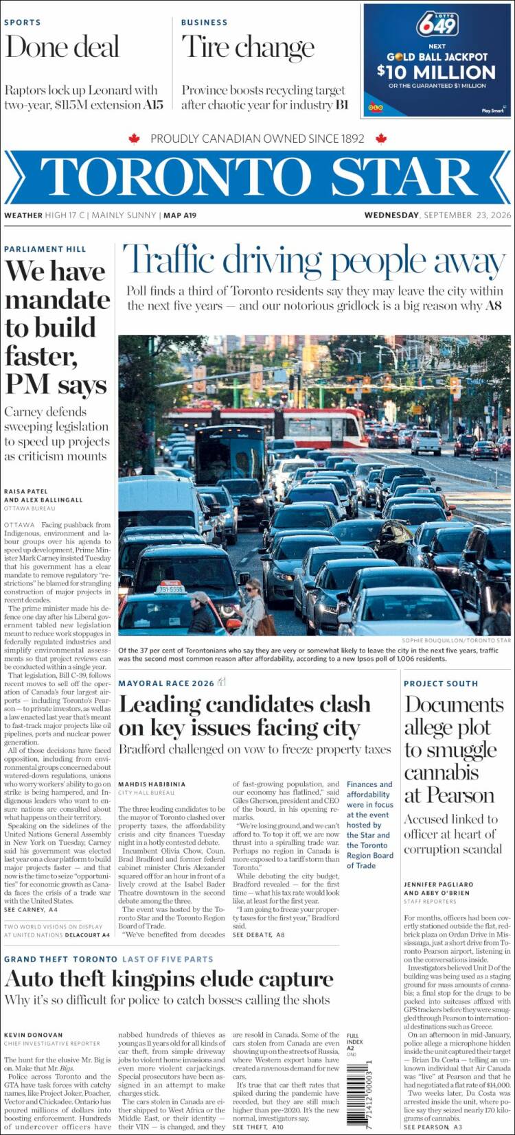 Portada de The Toronto Star (Canad&aacute;)