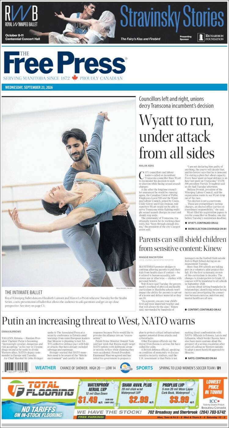 Portada de Winnipeg Free Press (Canad&aacute;)