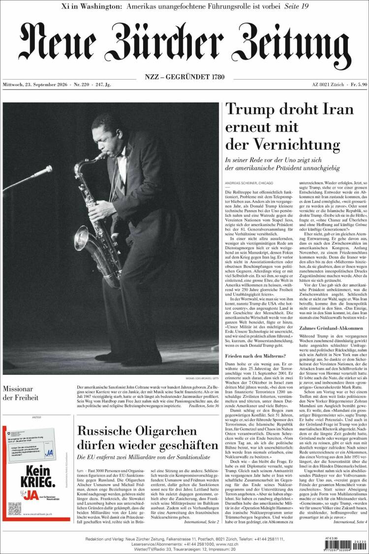 Portada de Neue Zürcher Zeitung (Suiza)