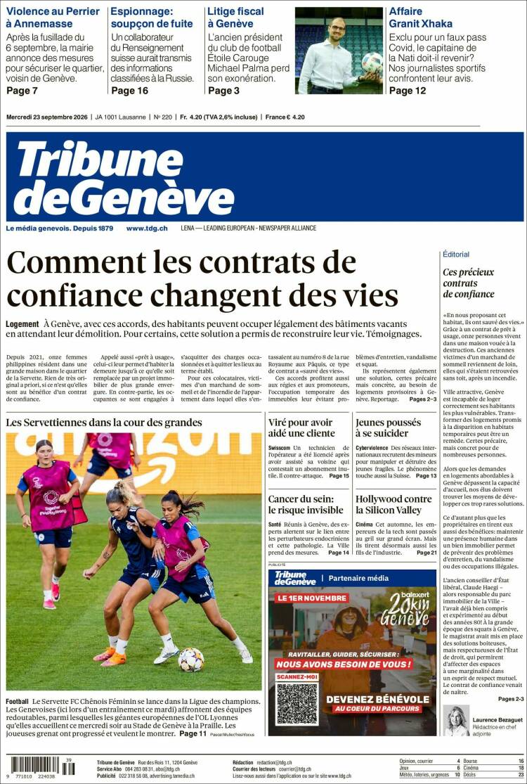 Portada de La Tribune de Genève (Suiza)