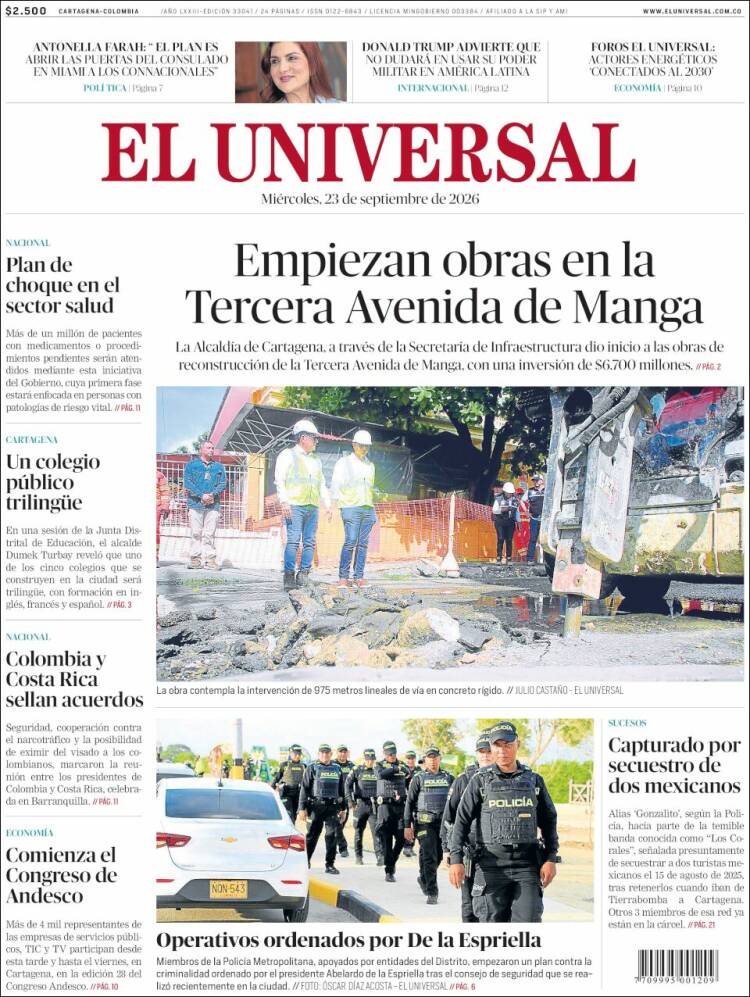 Portada de El Universal (Colombia)