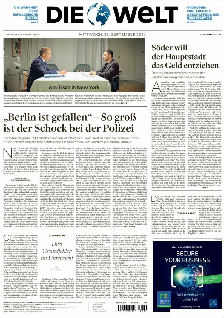 Portada de Die Welt (Alemania)