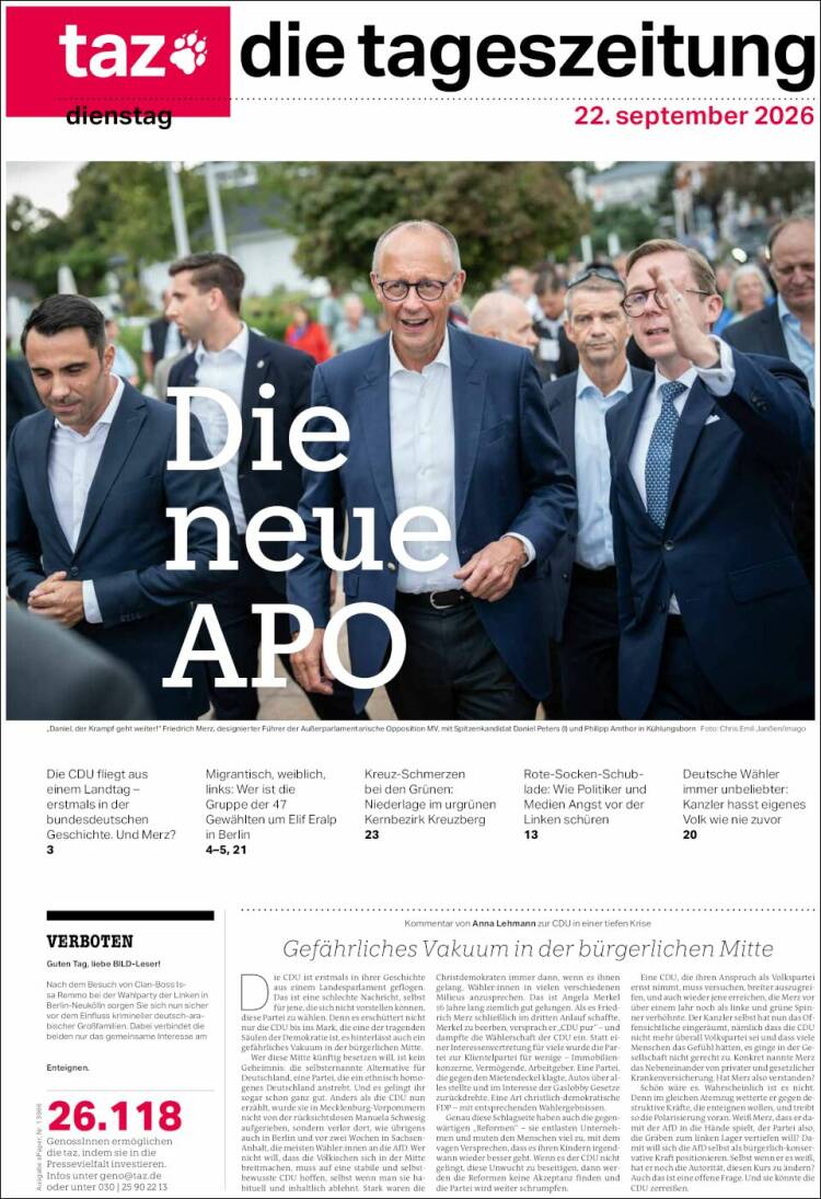 Portada de Die Tageszeitung (Alemania)
