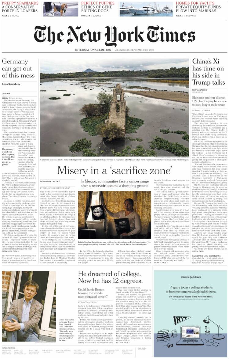 Portada de International New York Times (Europa)