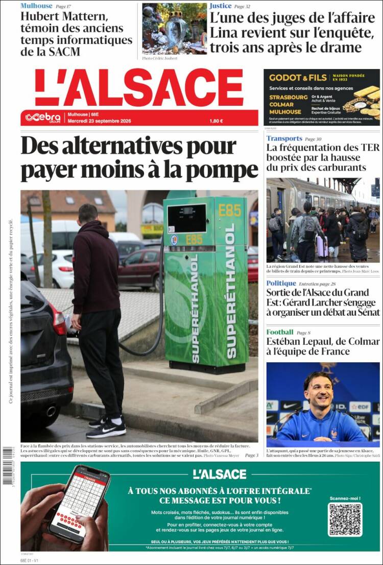 Portada de Journal L'Alsace (Francia)