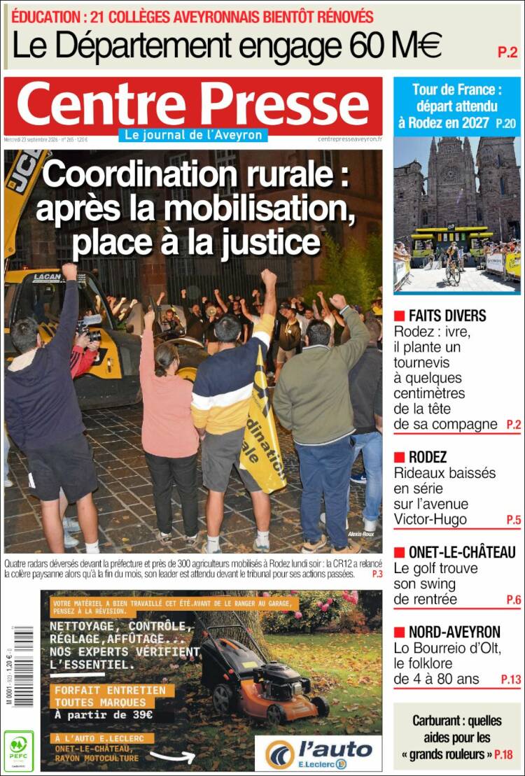 Portada de Centre Presse (Francia)