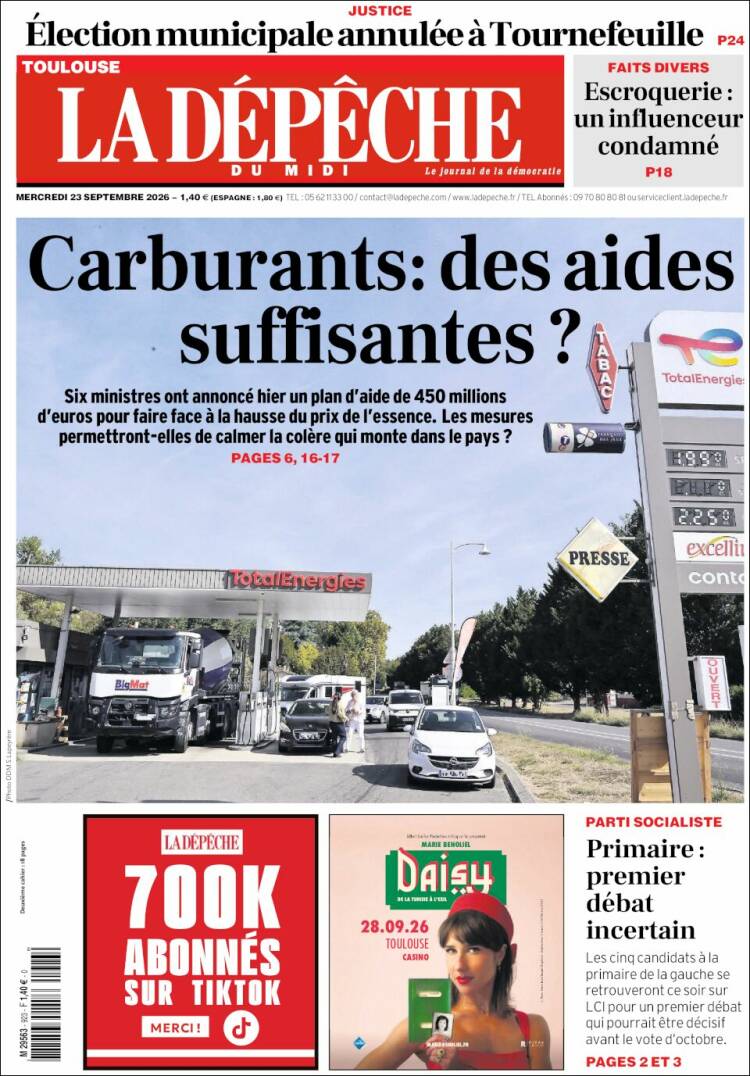 Portada de La Dépêche du Midi (Francia)
