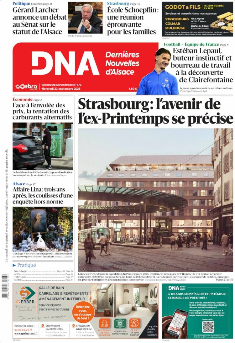 Portada de Les Dernières Nouvelles d'Alsace (Francia)