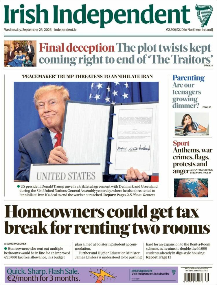 Portada de Irish Independent (Irlanda)