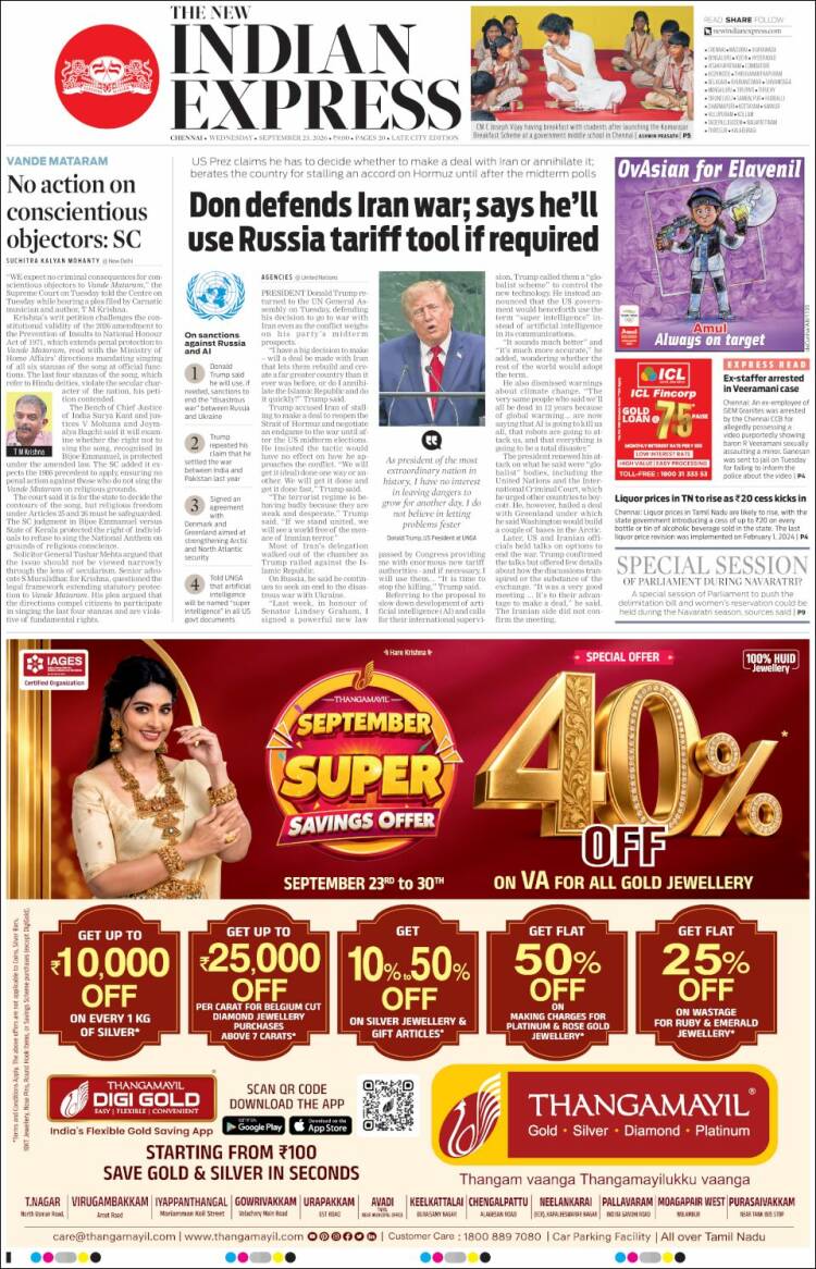 Portada de New Indian Express (India)