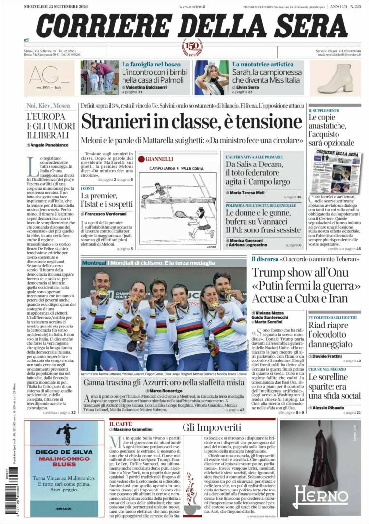 Portada de Corriere della Sera (Italia)