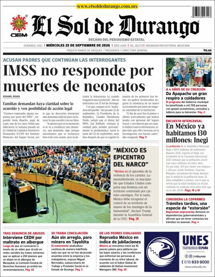Portada de El Sol de Durango (M&eacute;xico)