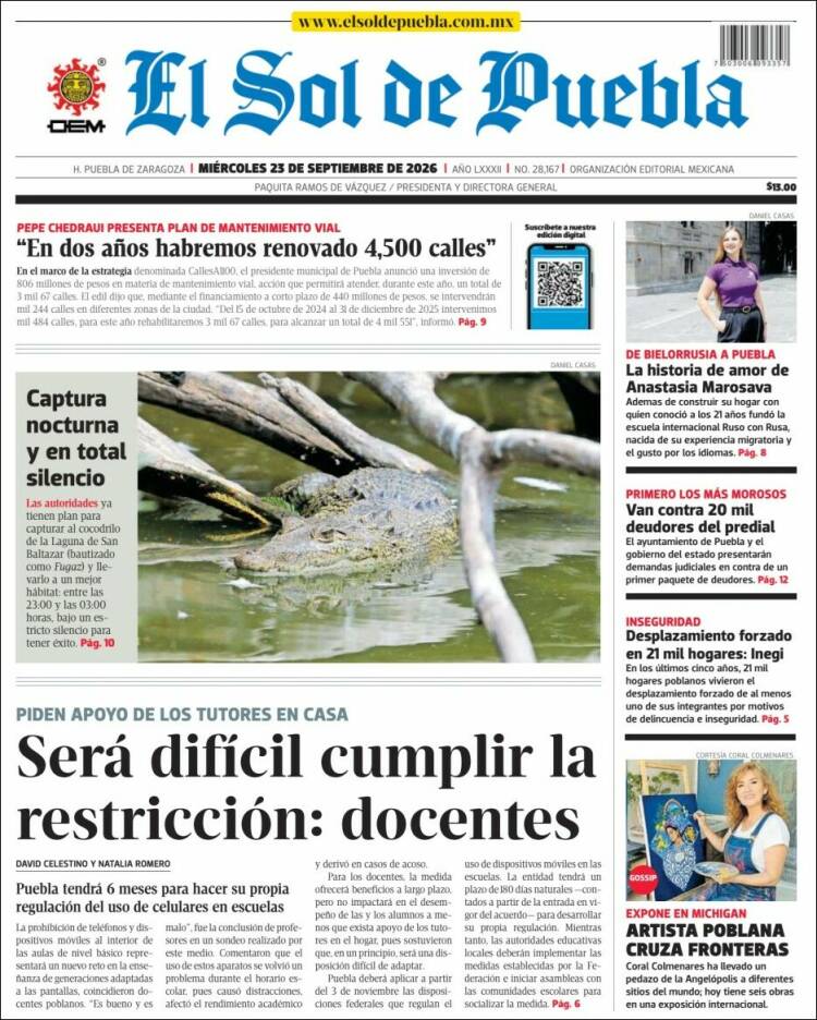 Portada de El Sol de Puebla (M&eacute;xico)